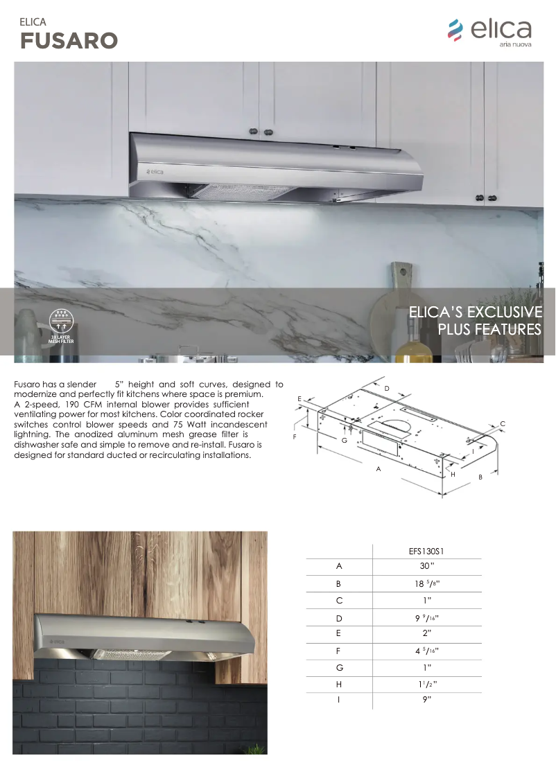 Page 1 de la notice Fiche technique Elica Fusaro EFS130BL