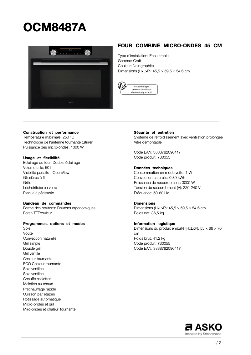 Page 1 de la notice Fiche technique Asko OCM8487A