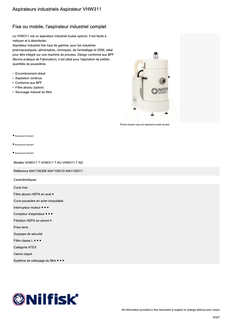Page n°1 - Fiche technique Nilfisk VHW311