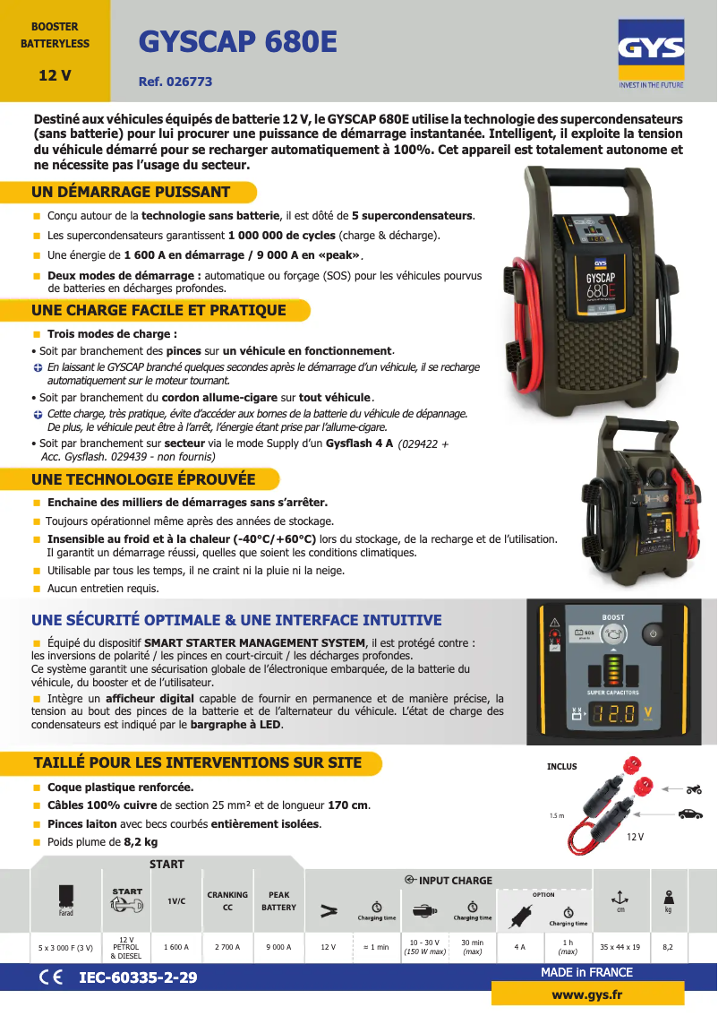 Page 1 de la notice Fiche technique GYS Gyscap 680E