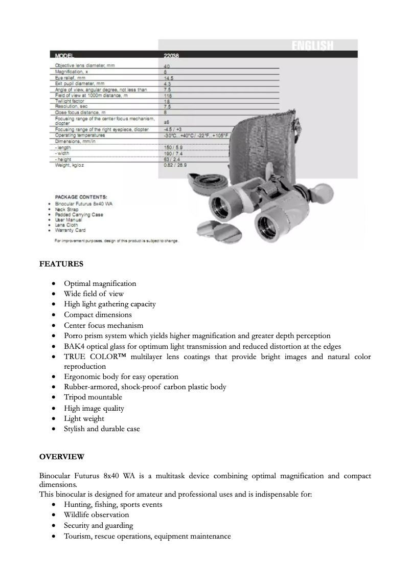 Page n°1 - Manuel utilisateur Yukon Futurus 8x40WA