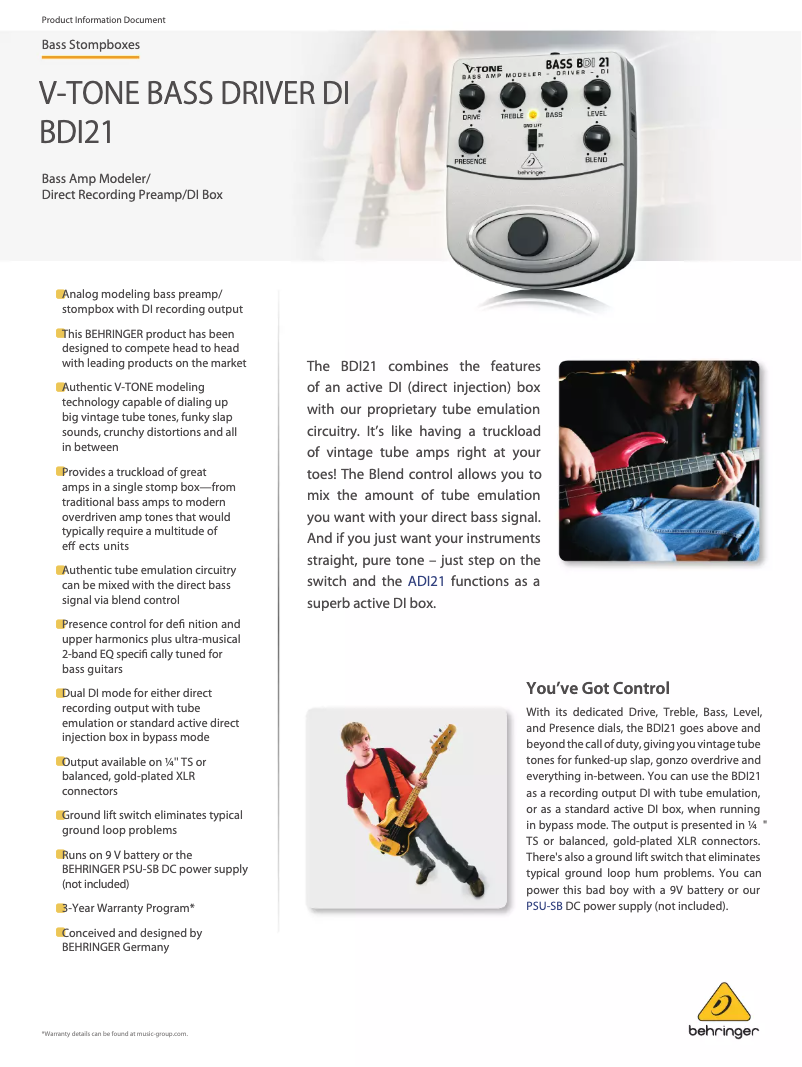 Page 1 de la notice Fiche technique Behringer V-Tone Bass Driver DI BDI21