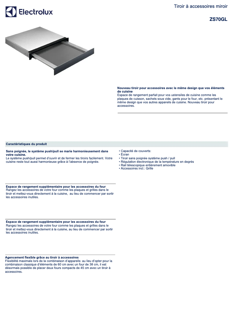 Page 1 de la notice Fiche technique Electrolux ZS70GL