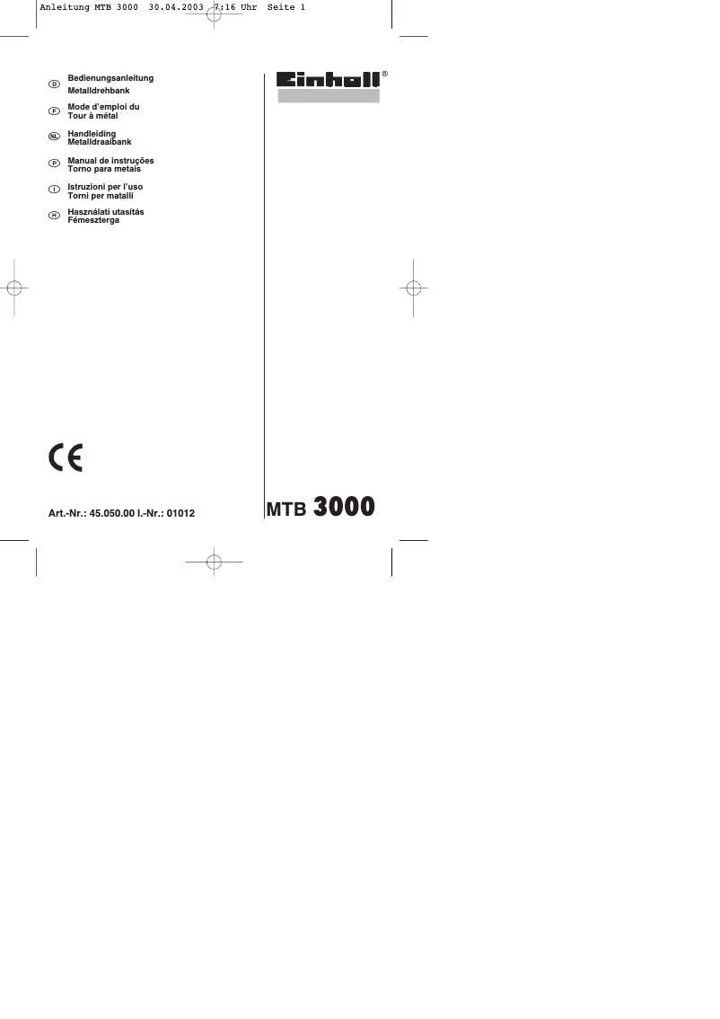 Page n°1 - Manuel utilisateur Einhell MTB 3000