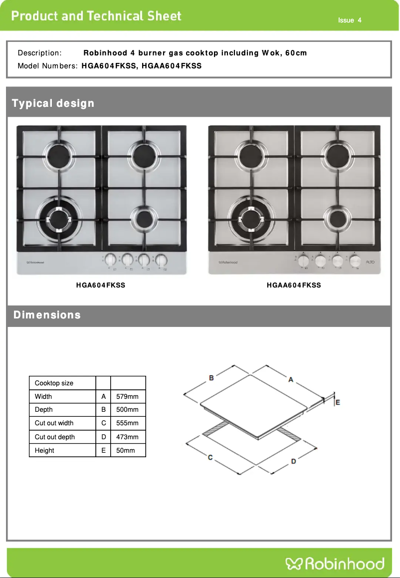 Page 1 de la notice Fiche technique Robinhood HGA604FKSS