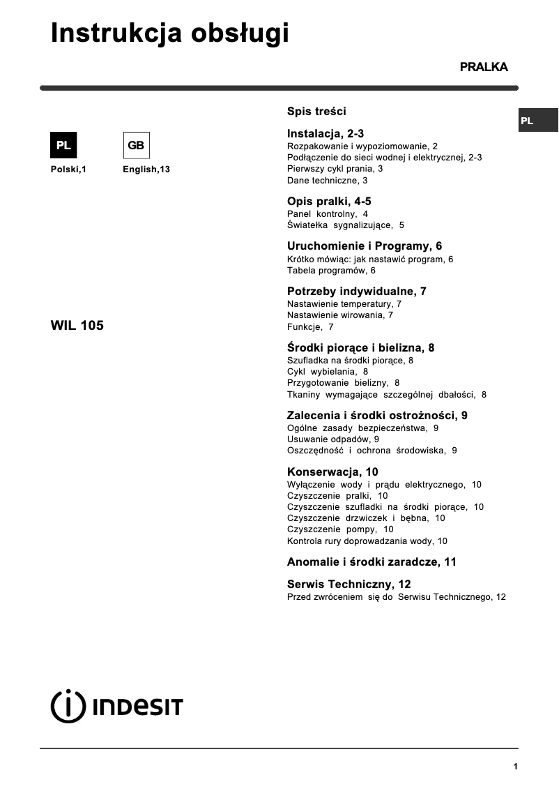 Page 1 de la notice Manuel utilisateur Indesit WIL 105 (PL)