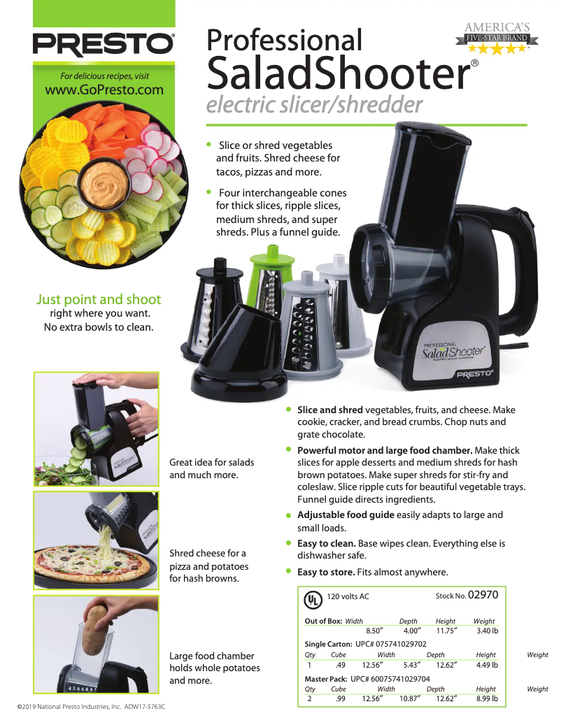 Page 1 de la notice Fiche technique Presto SaladShooter Profesional 02970