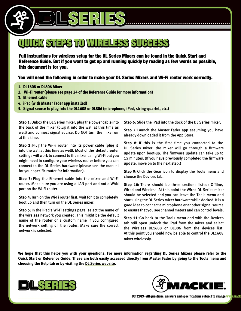 Page 1 de la notice Guide de démarrage rapide Mackie DL16S