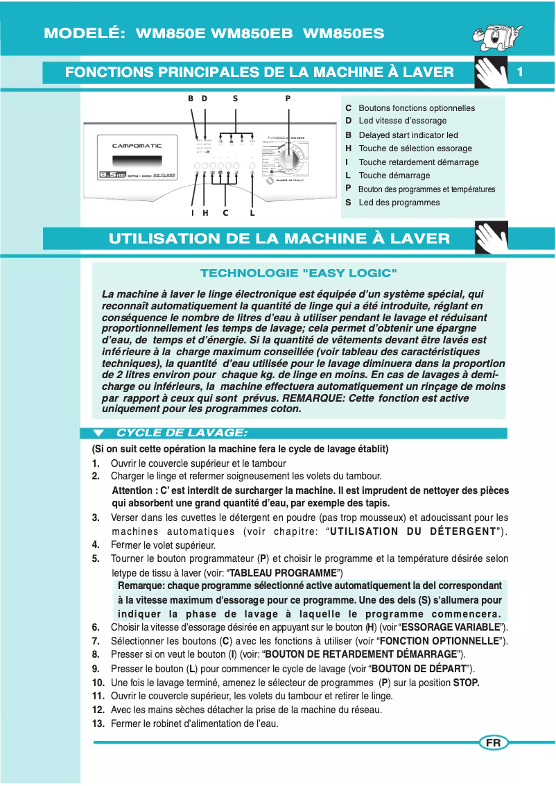 Page n°1 - Manuel utilisateur Campomatic WM850E