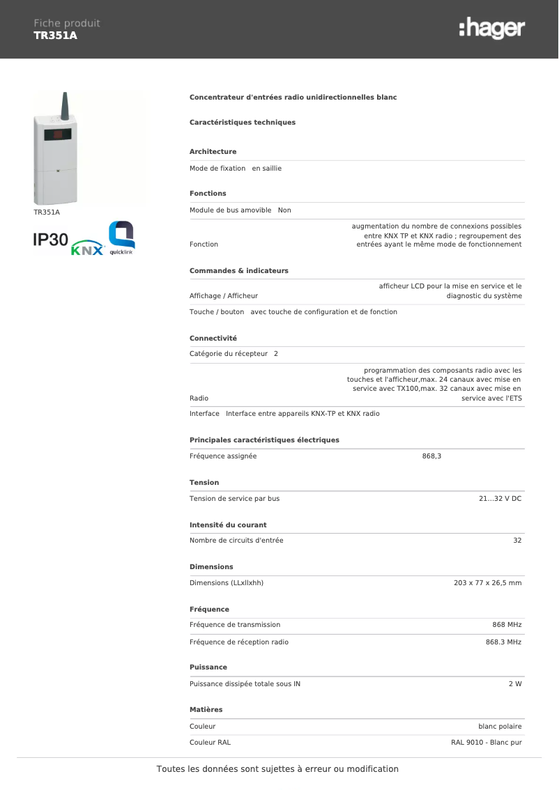 Page n°1 - Fiche technique Hager TR351A