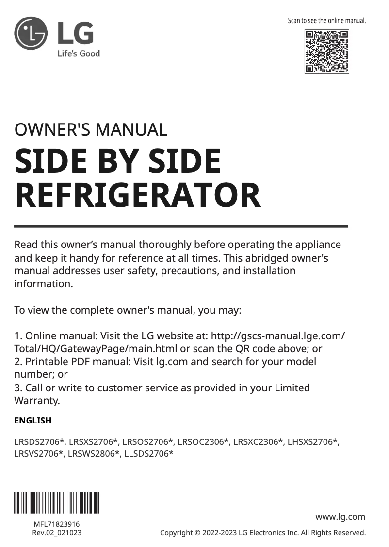 Page 1 de la notice Manuel utilisateur LG LRSOS2706D