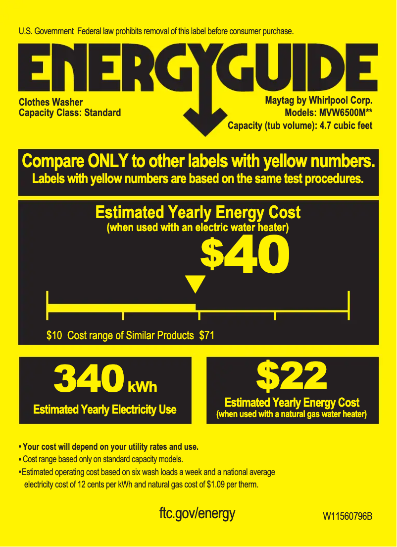 Page 1 de la notice Label énergétique Maytag MVW6500MBK