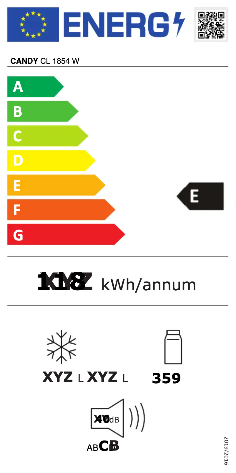 Page n°1 - Label énergétique Candy CL 1854 W