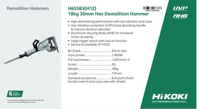 Page n°1 - Fiche technique HiKOKI H 65SB3
