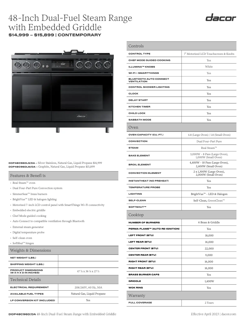 Page n°1 - Fiche technique Dacor DOP48C96DLS