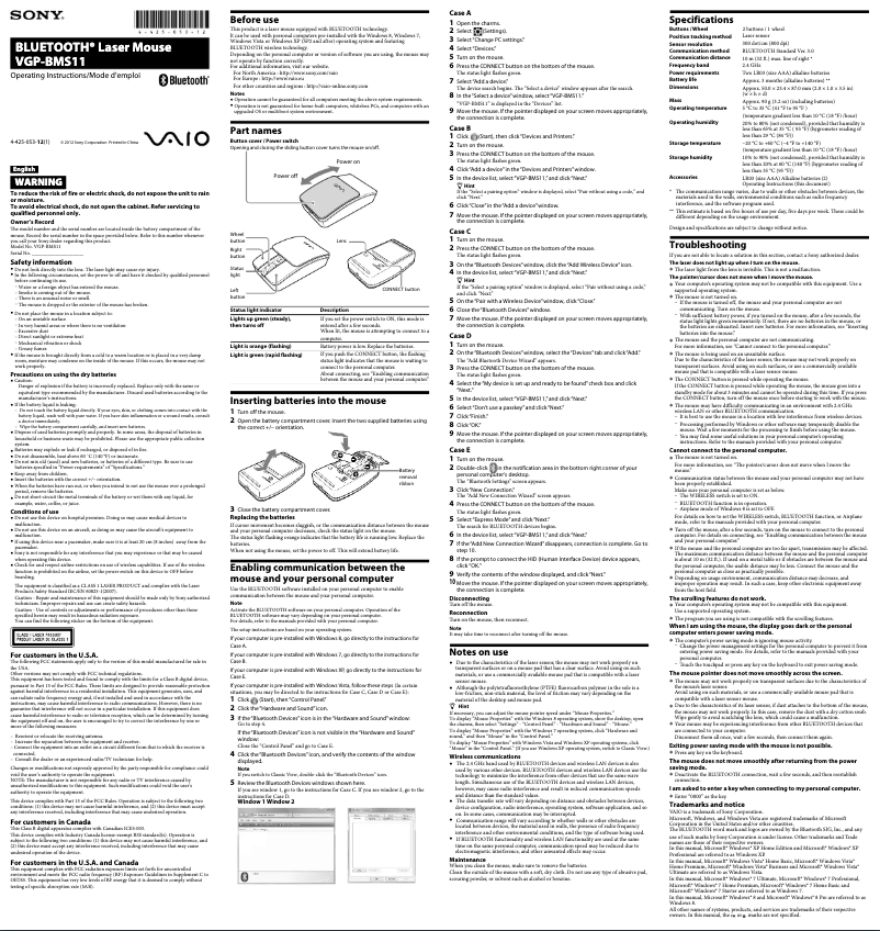 Page n°1 - Manuel utilisateur Sony VGP-BMS11