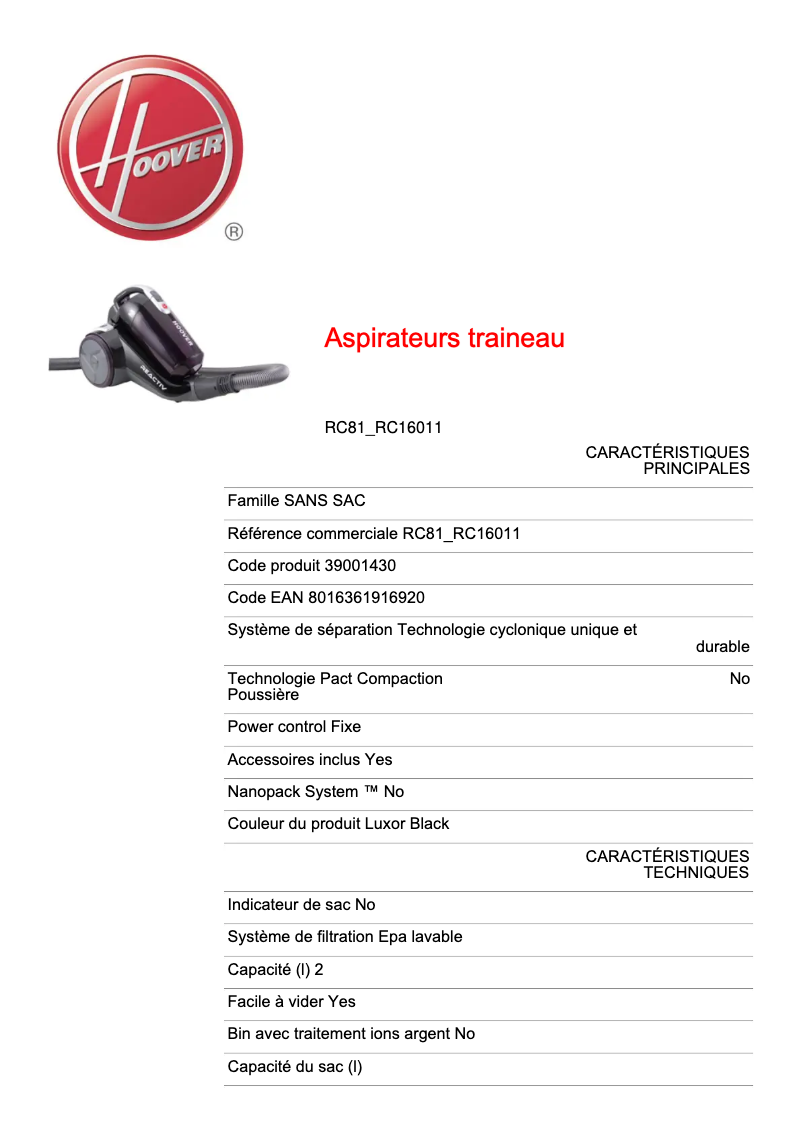 Page 1 de la notice Fiche technique Hoover Reactiv RC81_RC16011