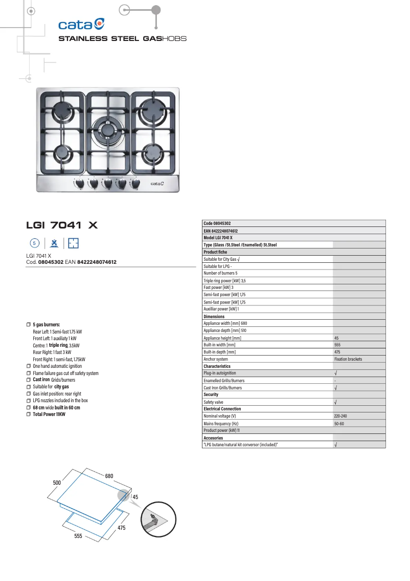 Page 1 de la notice Fiche technique CATA LGI 7041 X