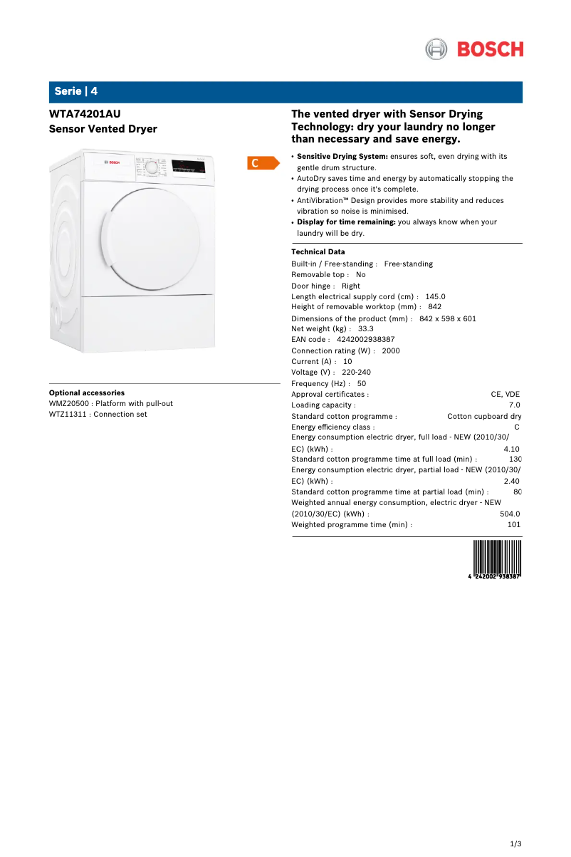 Image de la première page du manuel de l'appareil WTA74201AU