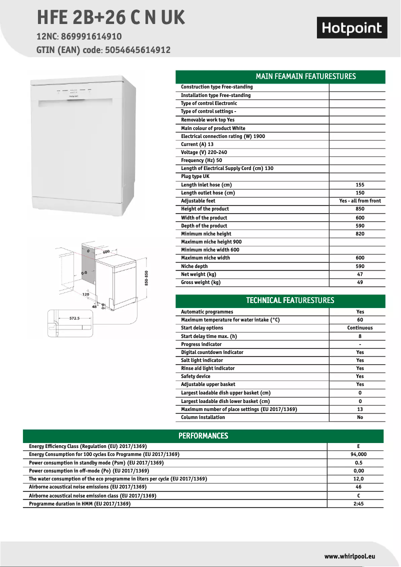Page 1 de la notice Fiche technique Hotpoint HFE 2B+26 C N UK