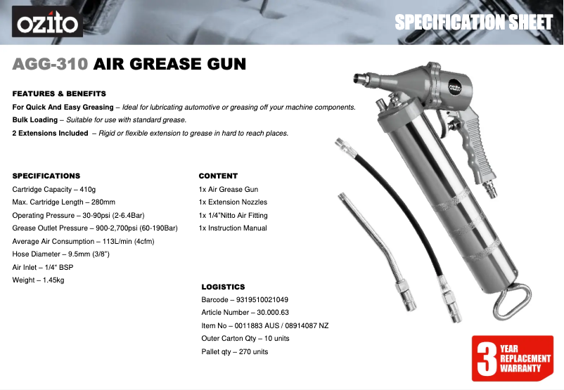 Page 1 de la notice Fiche technique Ozito AGG-310