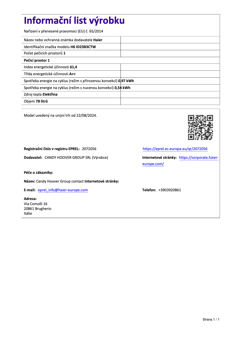 Page 1 de la notice Fiche technique Haier H6 ID23B3CTW