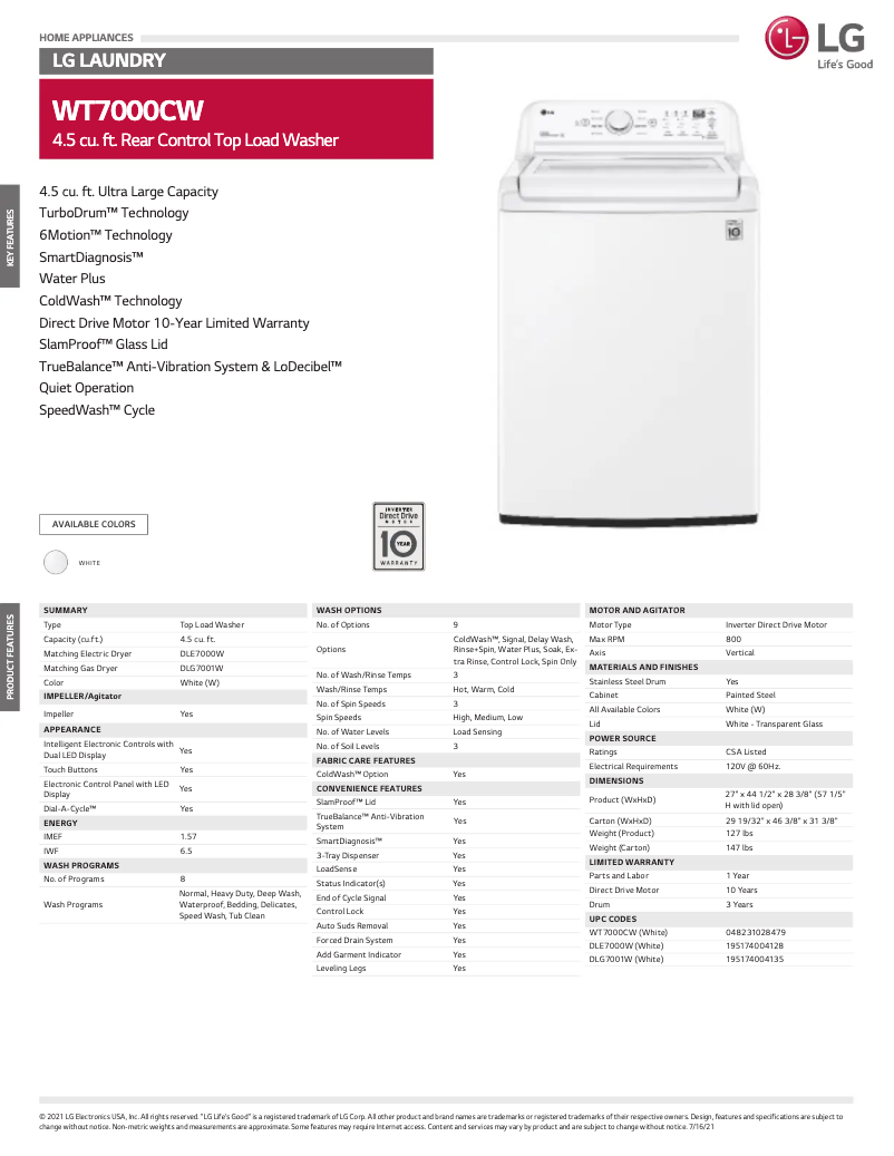 Página 1 del manual Ficha técnica LG WT7000CW