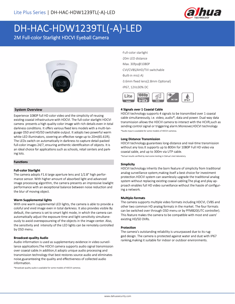 Page n°1 - Fiche technique Dahua Technology HAC-HDW1239TL-A-LED