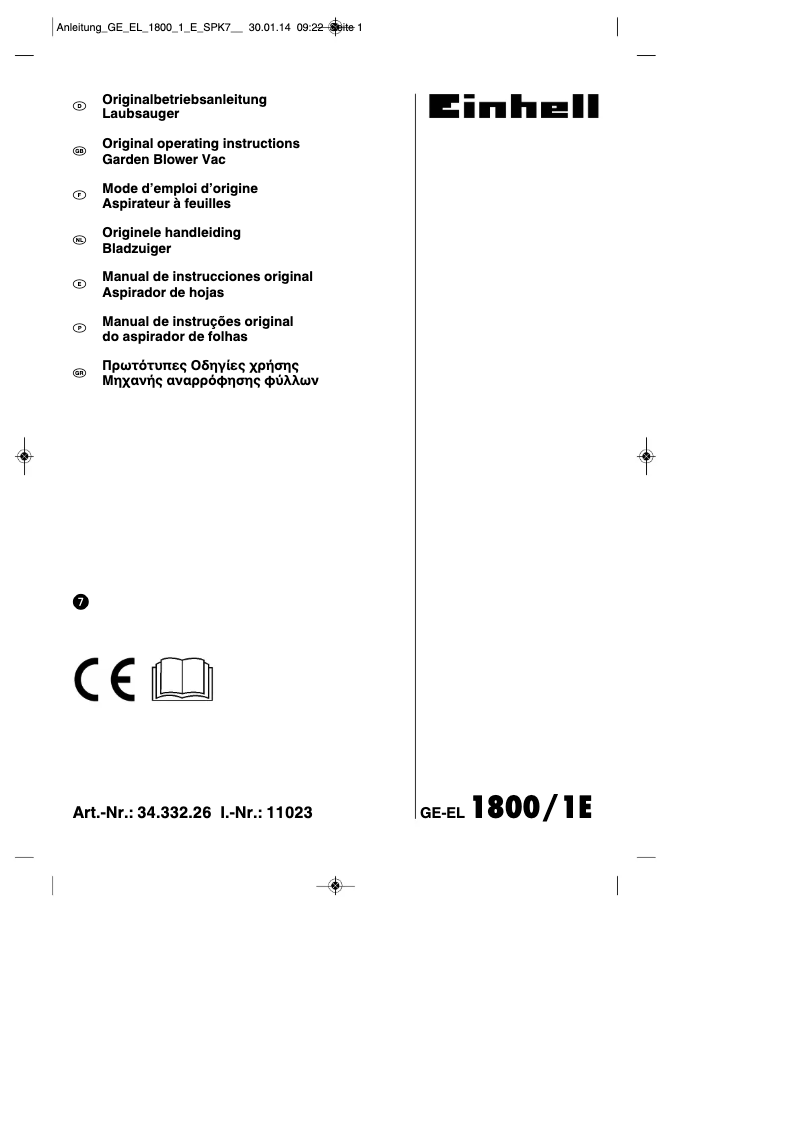 Page 1 de la notice Manuel utilisateur Einhell GE-EL 1800/1 E