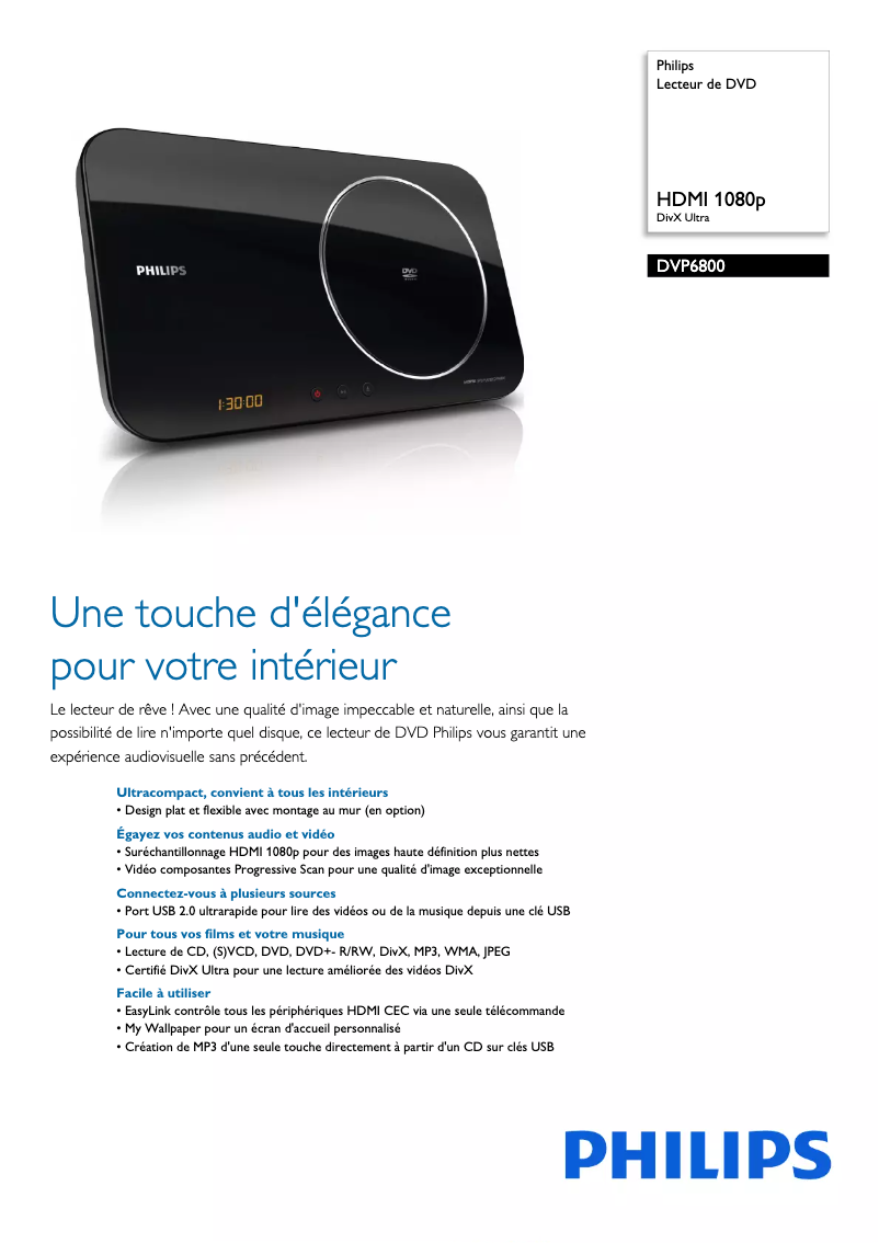 Página 1 del manual Ficha técnica Philips DVP6800