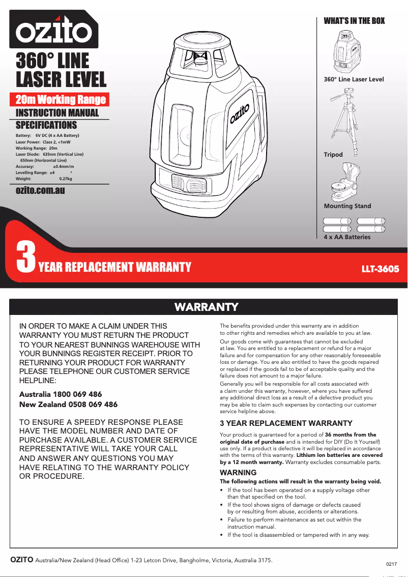 Page 1 de la notice Manuel utilisateur Ozito LLT-3605