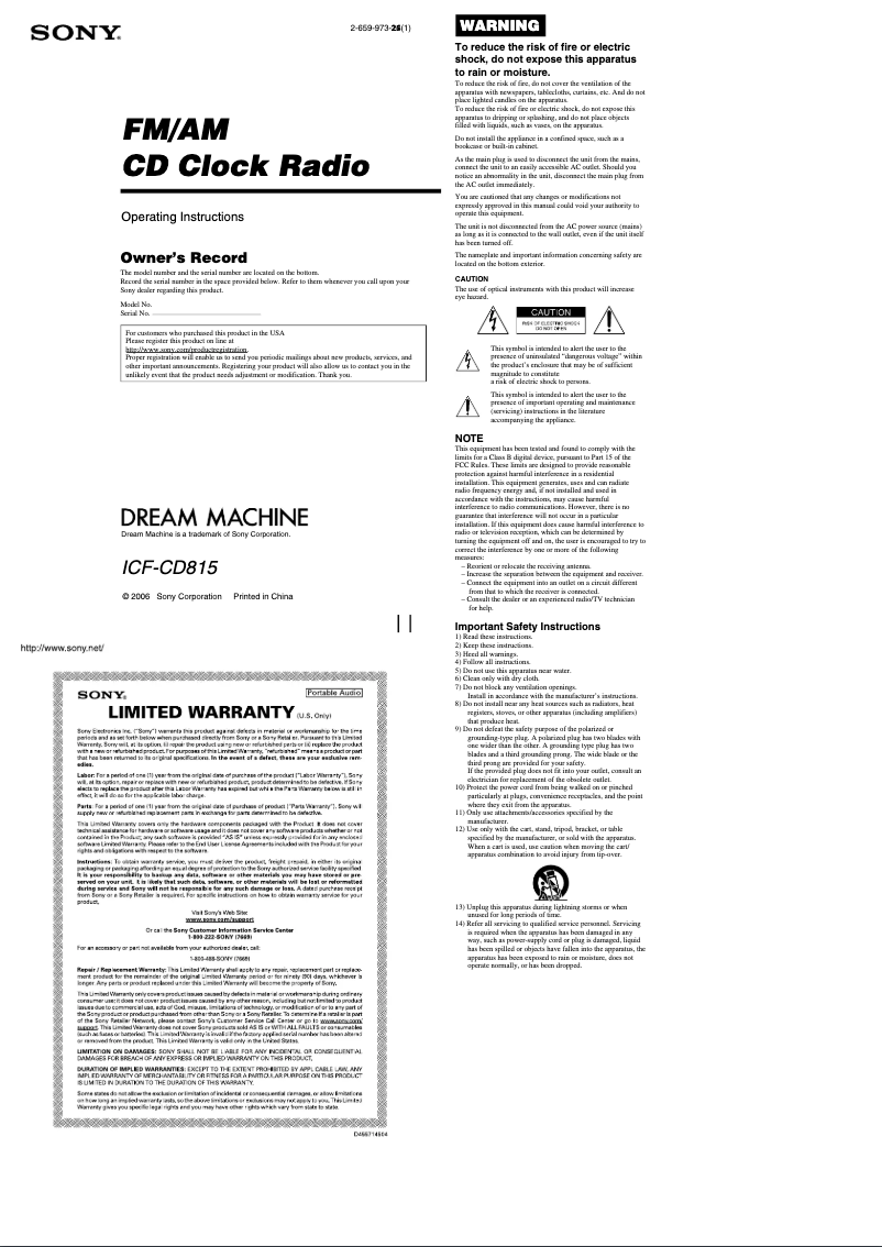 Page 1 de la notice Manuel utilisateur Sony ICF-CD815