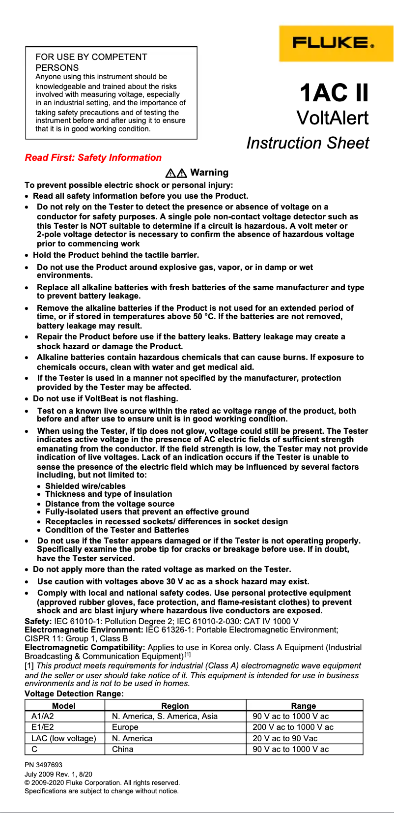 Page n°1 - Instructions / montage Fluke 1AC II