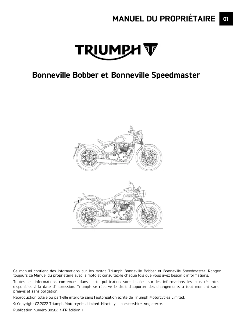 Page 1 de la notice Manuel utilisateur Triumph Bonneville Bobber (2025)