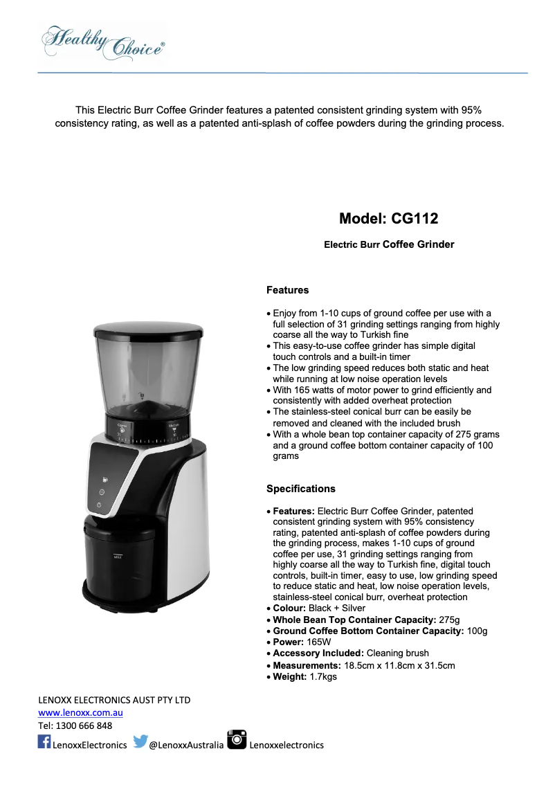 Page 1 de la notice Fiche technique Healthy Choice CG112