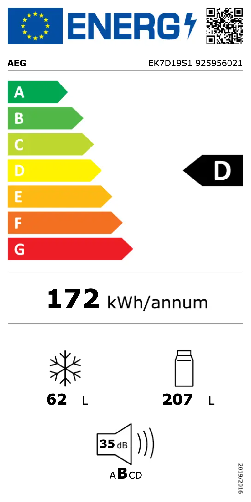 Page 1 de la notice Label énergétique AEG EK7D19S1