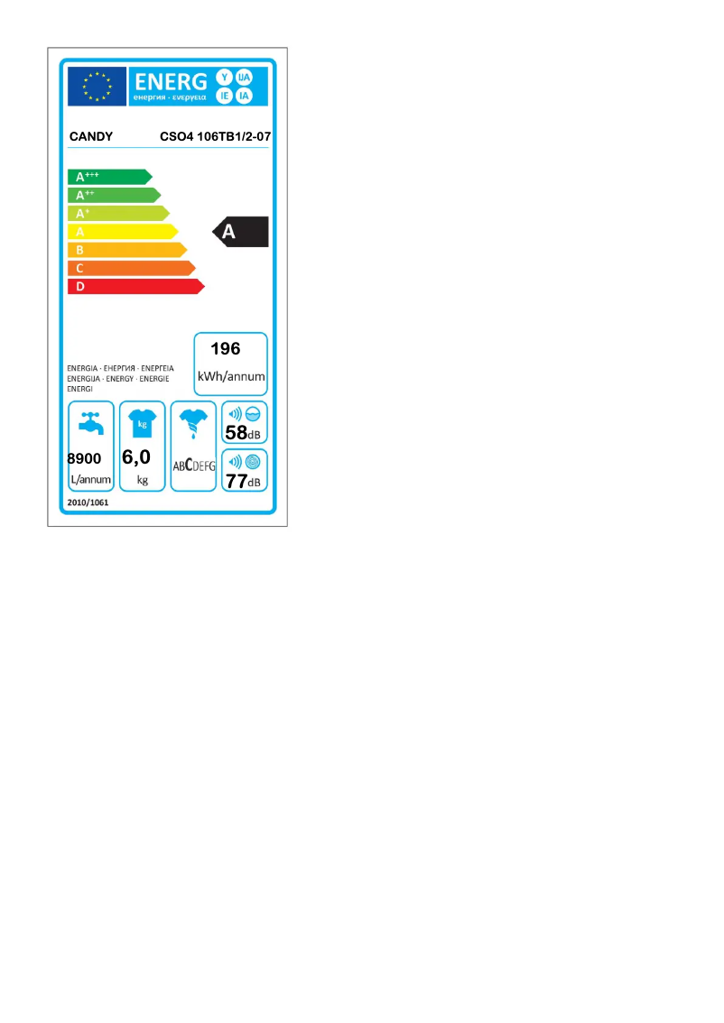 Page n°1 - Label énergétique Candy CSO4 106TB1/2-07