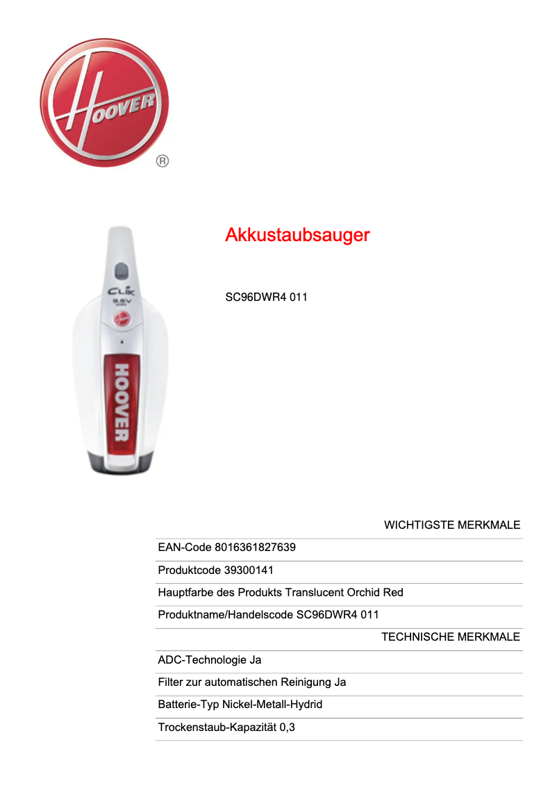 Página 1 del manual Ficha técnica Hoover Clik