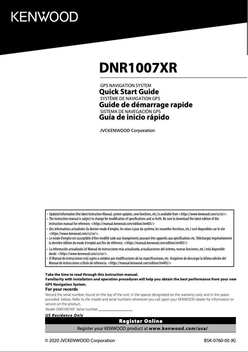 Page n°1 - Guide de démarrage rapide Kenwood DNR1007XR