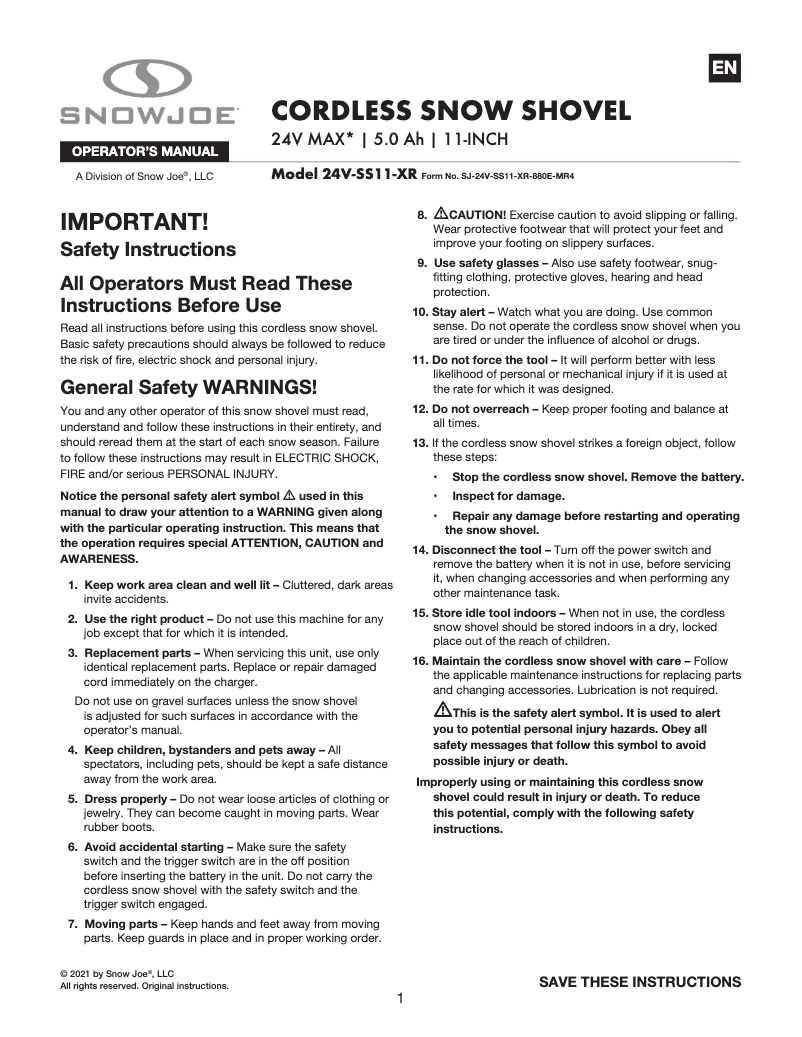 Page 1 de la notice Manuel utilisateur Snow Joe 24V-SS11-XR