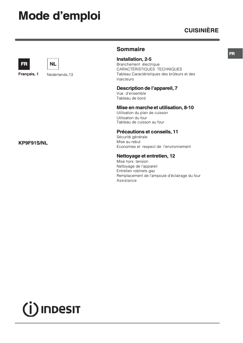 Page 1 de la notice Manuel utilisateur Indesit KP 9 F 91 S X