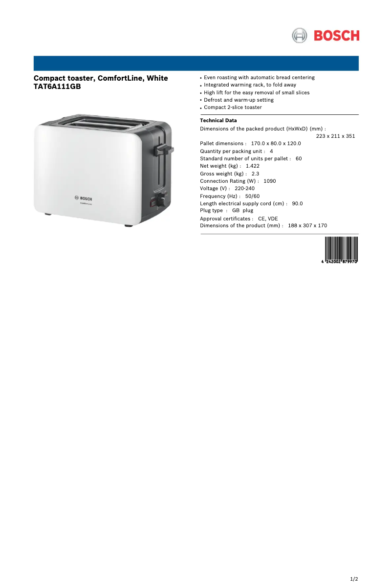 Page 1 de la notice Fiche technique Bosch TAT6A111GB