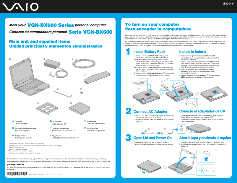 Page 1 de la notice Guide d'installation Sony Vaio VGN-BX640P