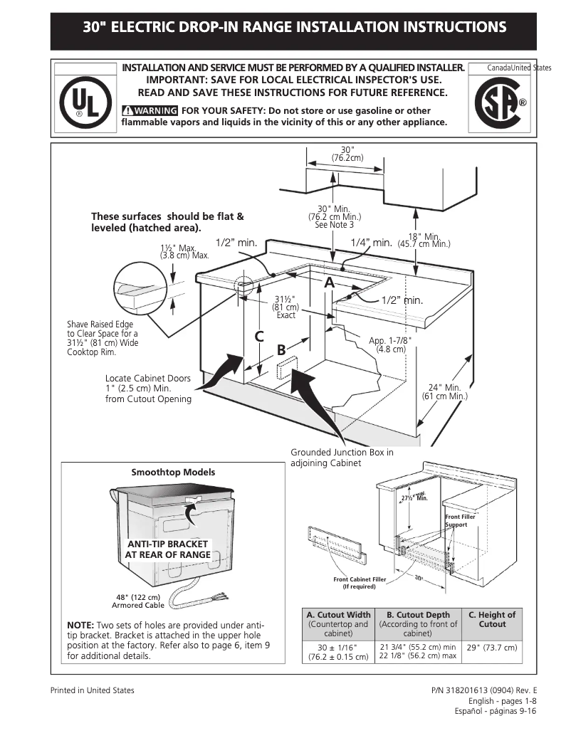 Page 1 de la notice Guide d'installation Frigidaire FED365EB