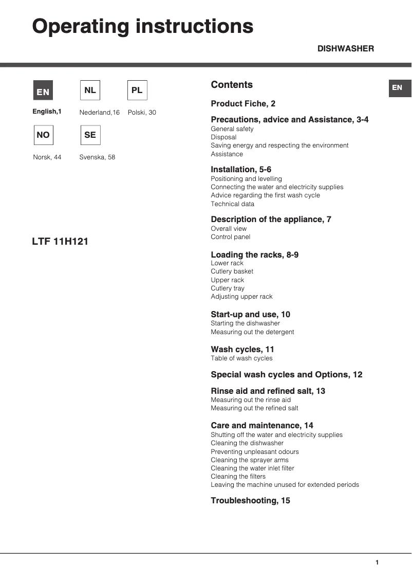 Page 1 de la notice Manuel utilisateur Hotpoint LTF 11H121
