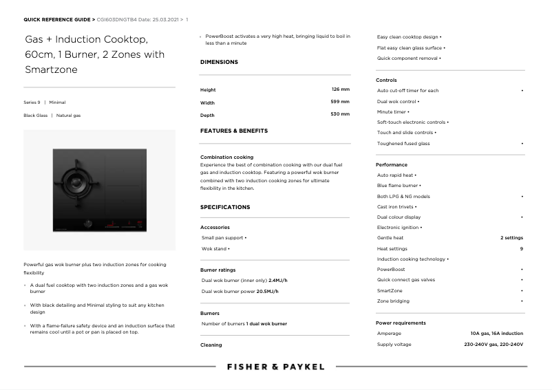 Page 1 de la notice Fiche technique Fisher & Paykel CGI603DNGTB4