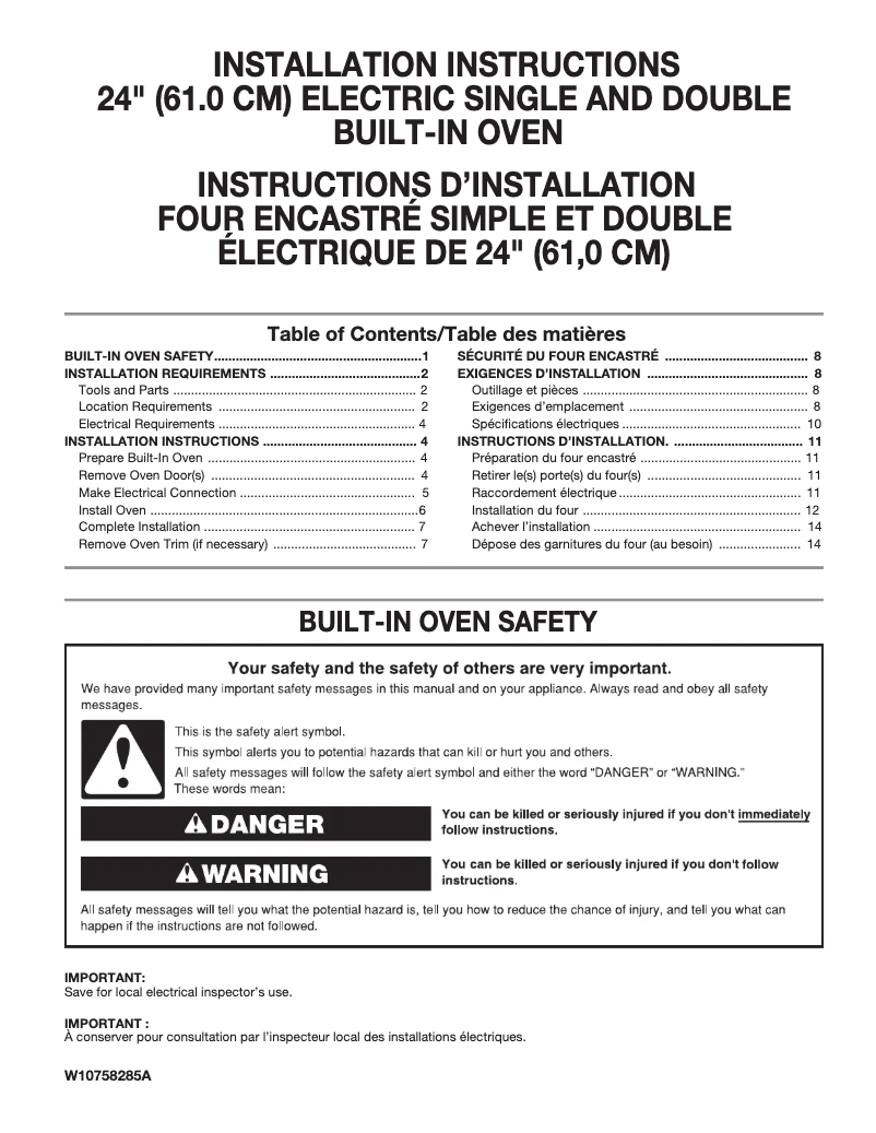 Page 1 de la notice Guide d'installation KitchenAid KODC304EWH