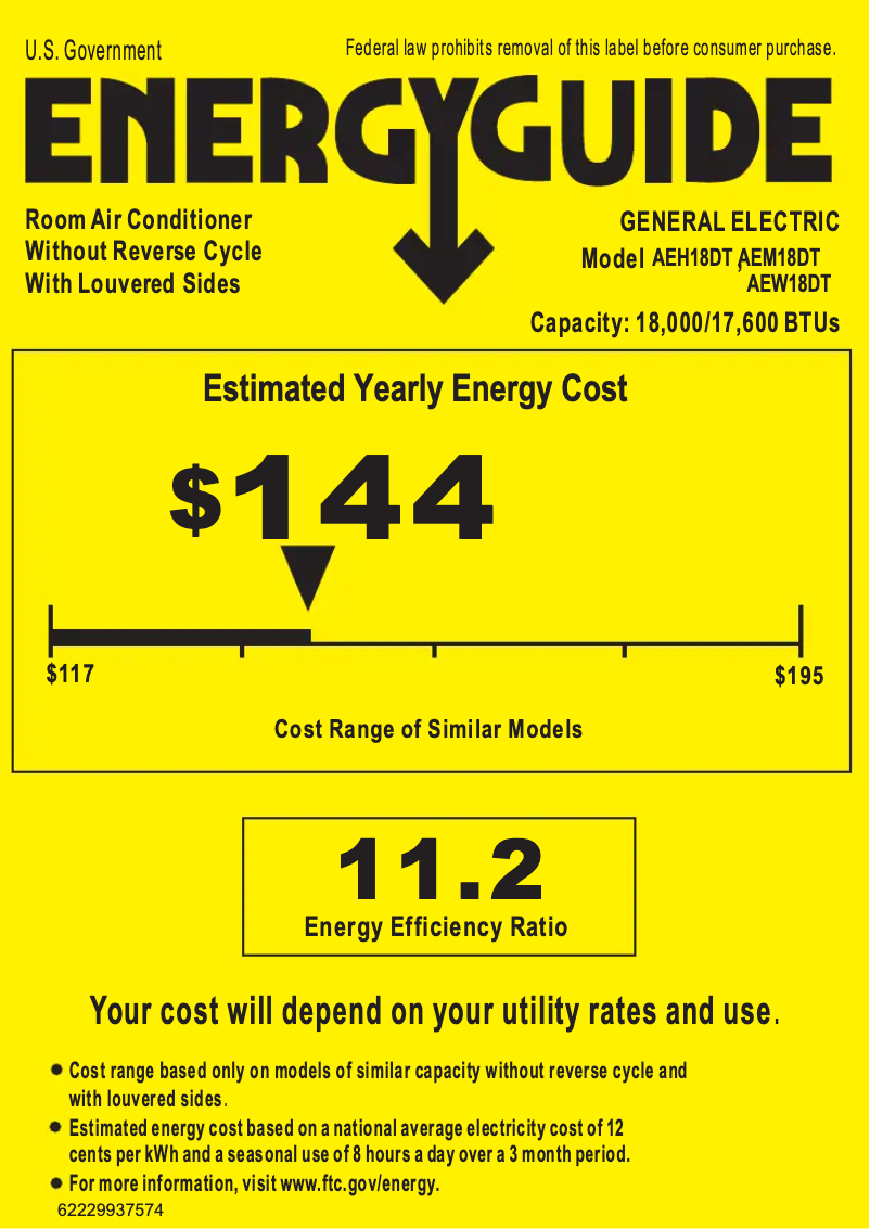 Página 1 del manual Etiqueta energética GE AEW18DT