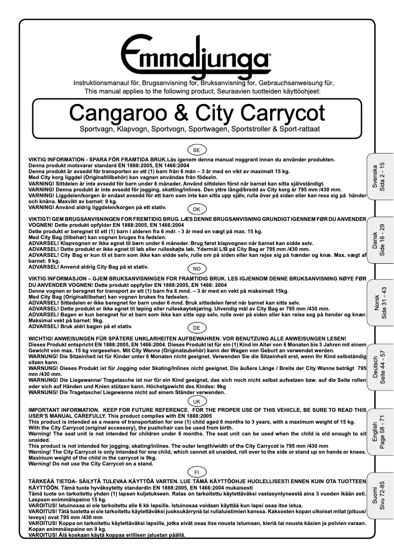 Page n°1 - Manuel utilisateur Emmaljunga Cangaroo