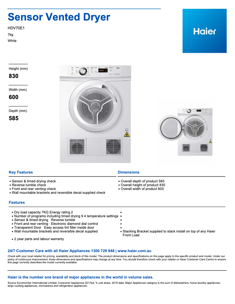 Page n°1 - Fiche technique Haier HDV70E1